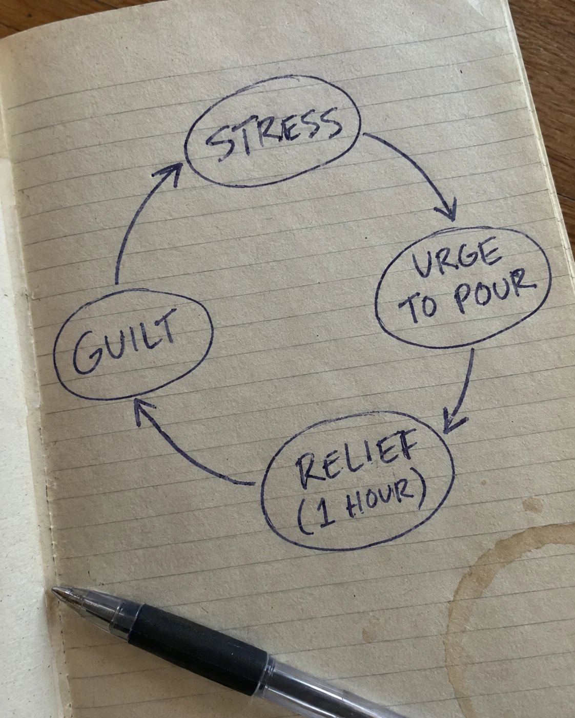 Hand-drawn journal diagram of the craving loop: stress, urge to pour, relief, guilt, back to stress