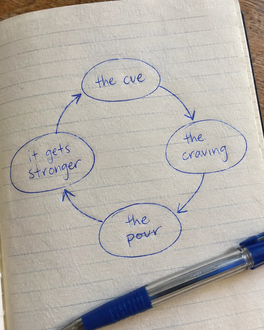 Hand-drawn journal diagram of the craving loop: the cue, the craving, the pour, it gets stronger