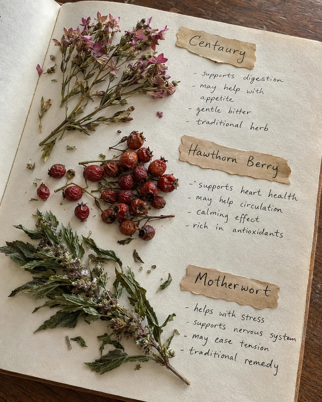 Centaury, Hawthorn Berry, and Motherwort herbs laid out with handwritten labels