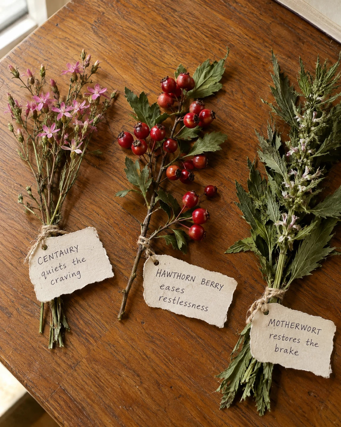 Centaury, Hawthorn Berry, and Motherwort herbs laid out with handwritten labels