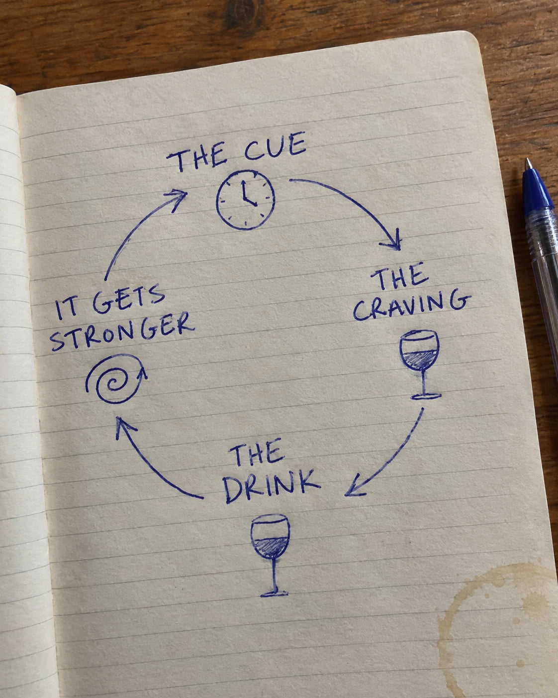 Hand-drawn journal diagram of the craving loop: the cue, the craving, the drink, it gets stronger