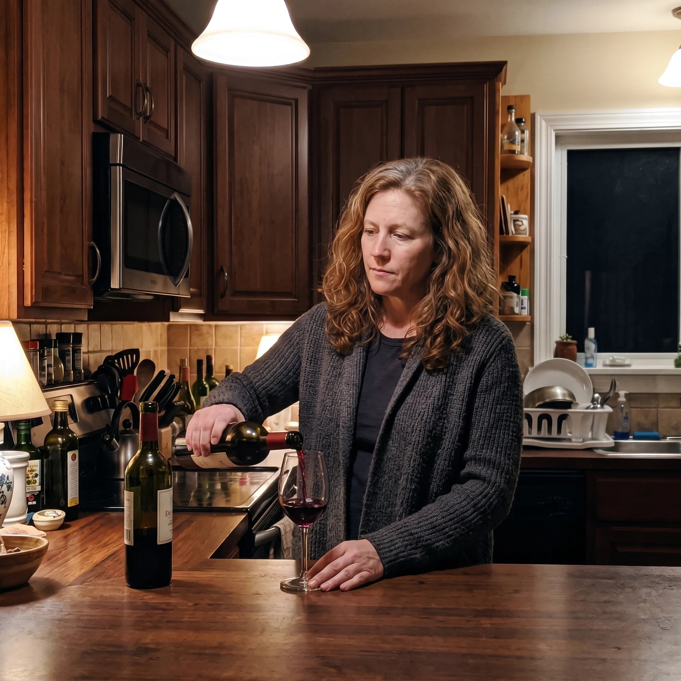 Woman pouring a glass of wine automatically at her kitchen counter in the evening