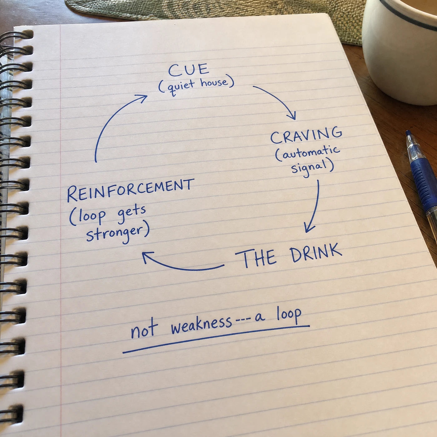 Handwritten diagram of the four-step craving loop in a notebook