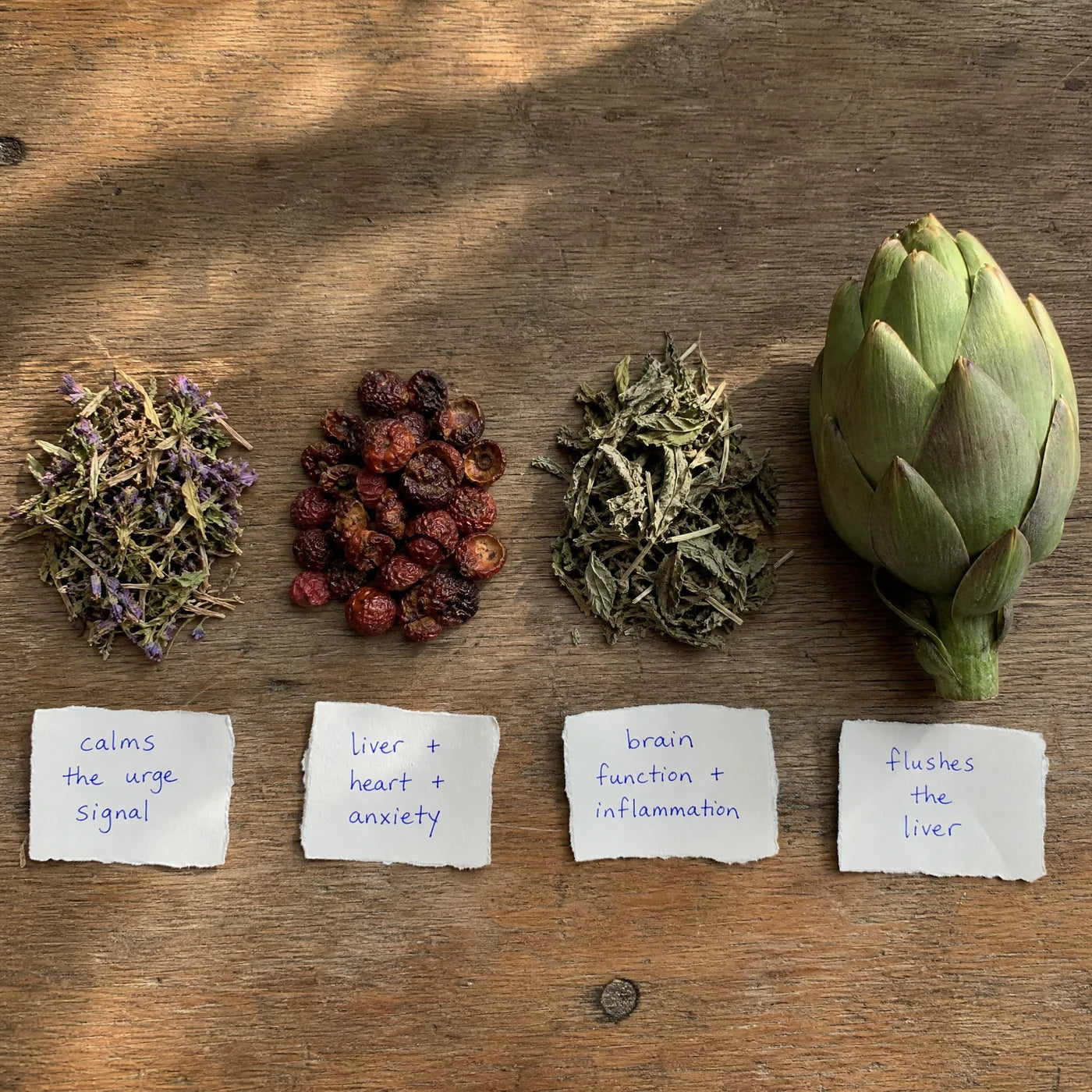 Four plant ingredients laid on a table, each with a handwritten tag naming its job