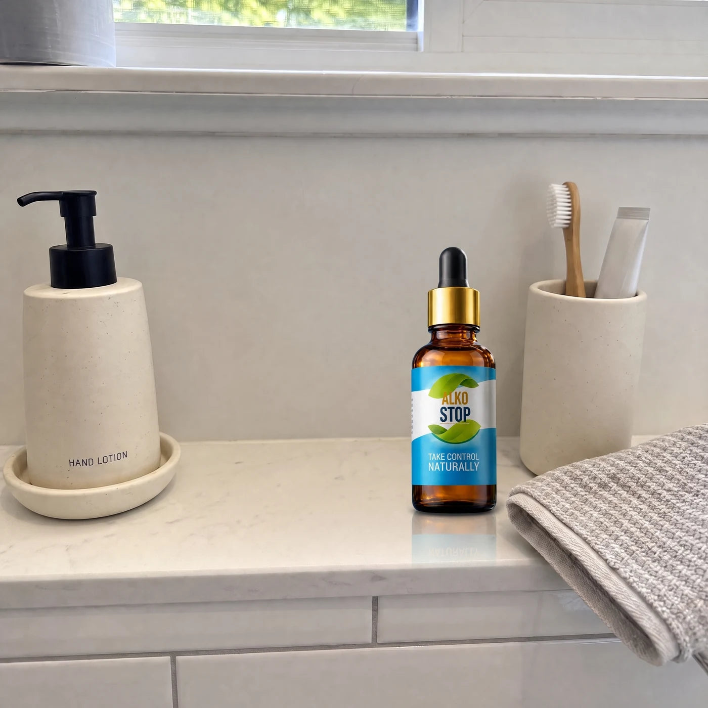 AlkoStop bottle sitting quietly on a bathroom counter shelf among everyday toiletries