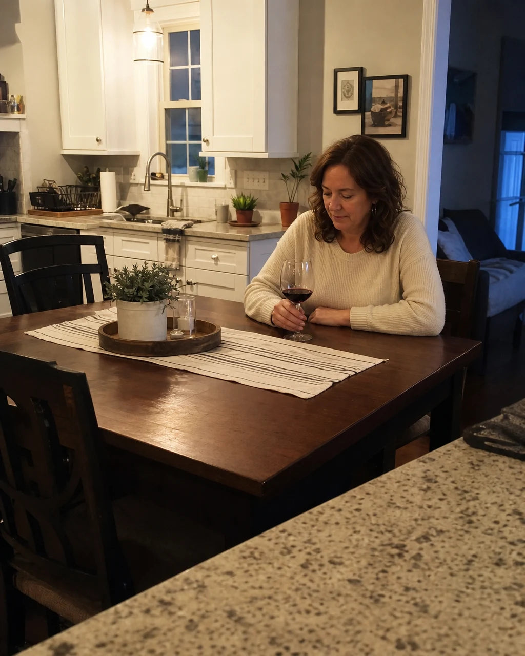 Woman sitting at her kitchen table in the evening, staring tiredly at a glass of red wine