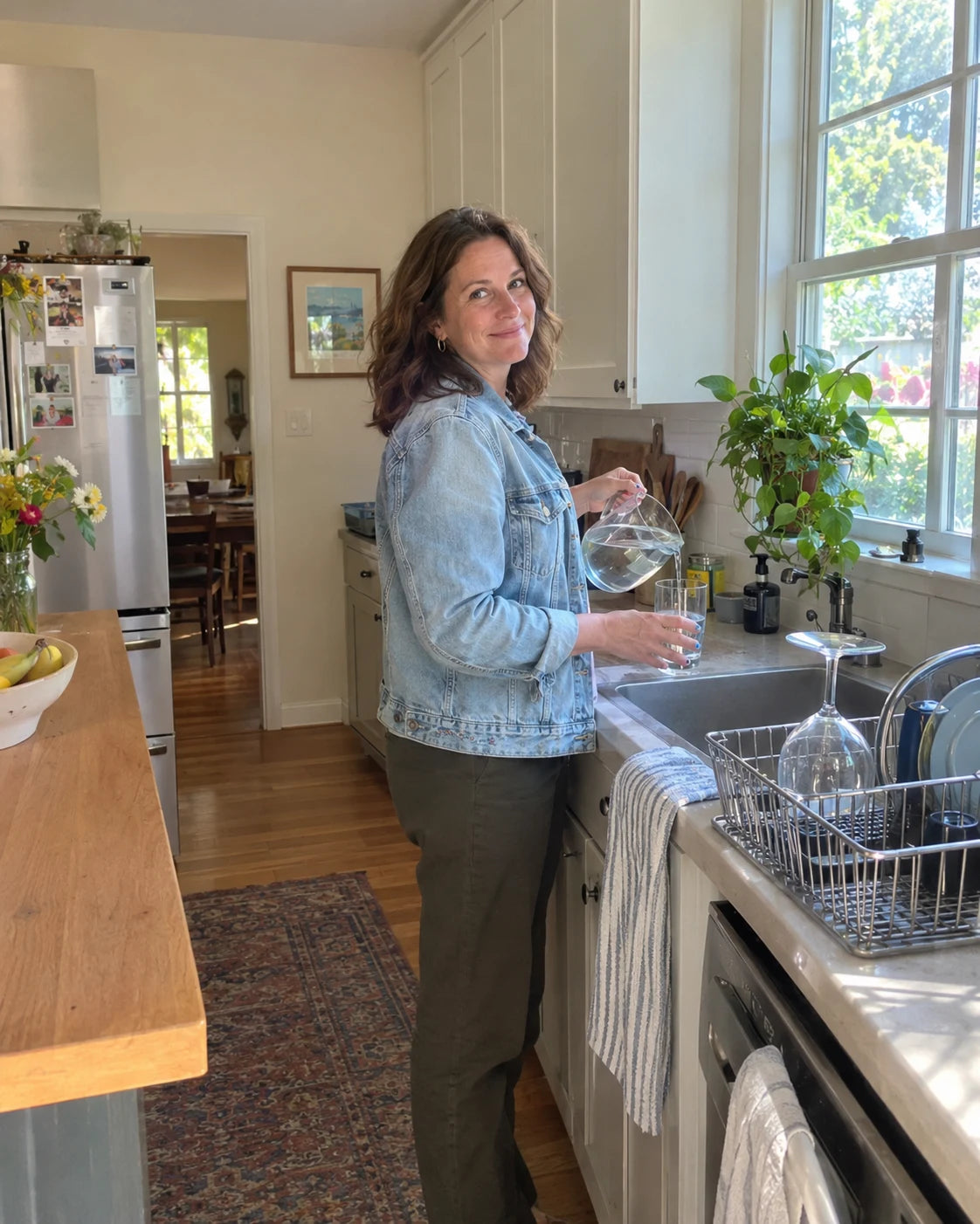 Woman smiling in her kitchen in the morning, pouring a glass of water, empty wine glass visible upside down in the drying rack