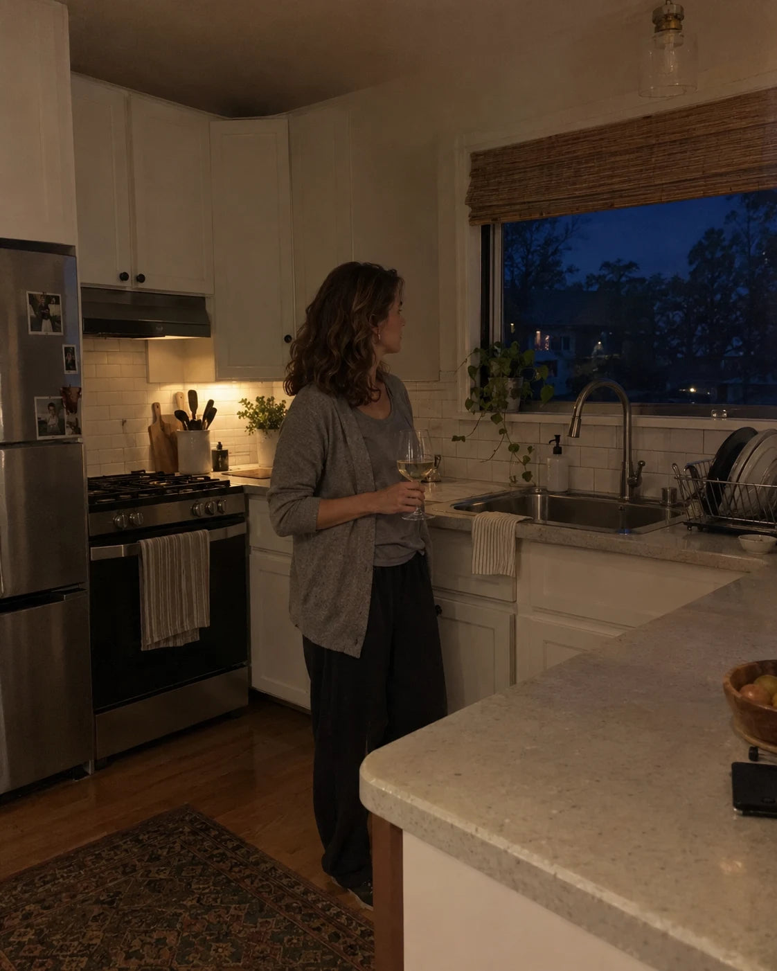 Woman standing alone in her kitchen at night, holding a glass of white wine, staring out the window