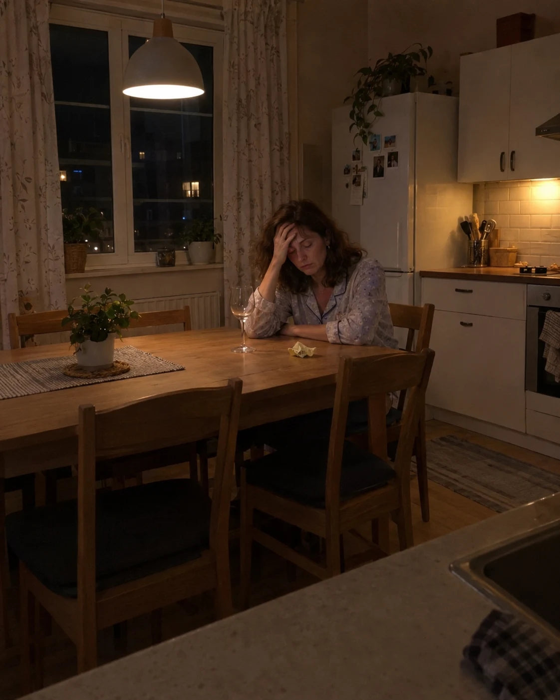 Woman resting her forehead in her hand at the kitchen table late at night, empty wine glass and a sticky note in front of her