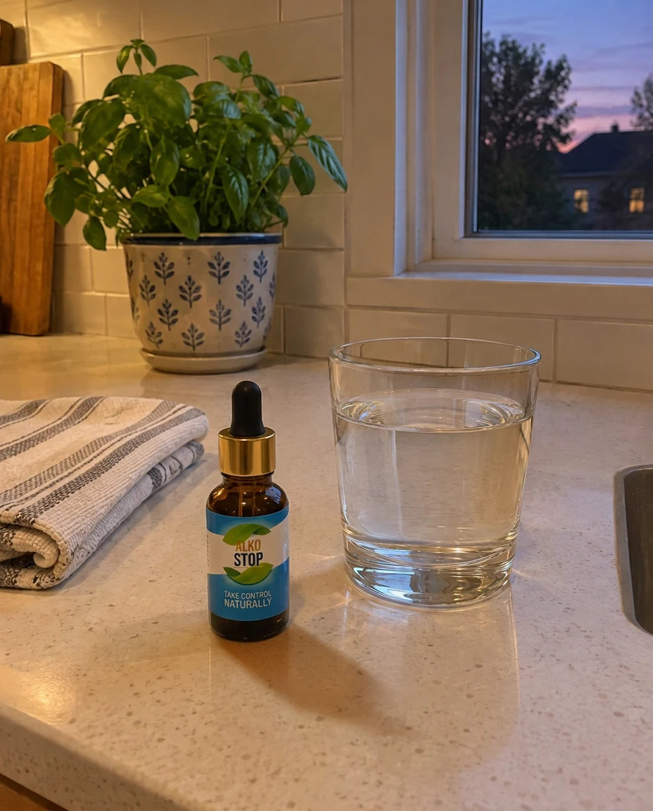 AlkoStop dropper bottle on a kitchen counter next to a glass of water