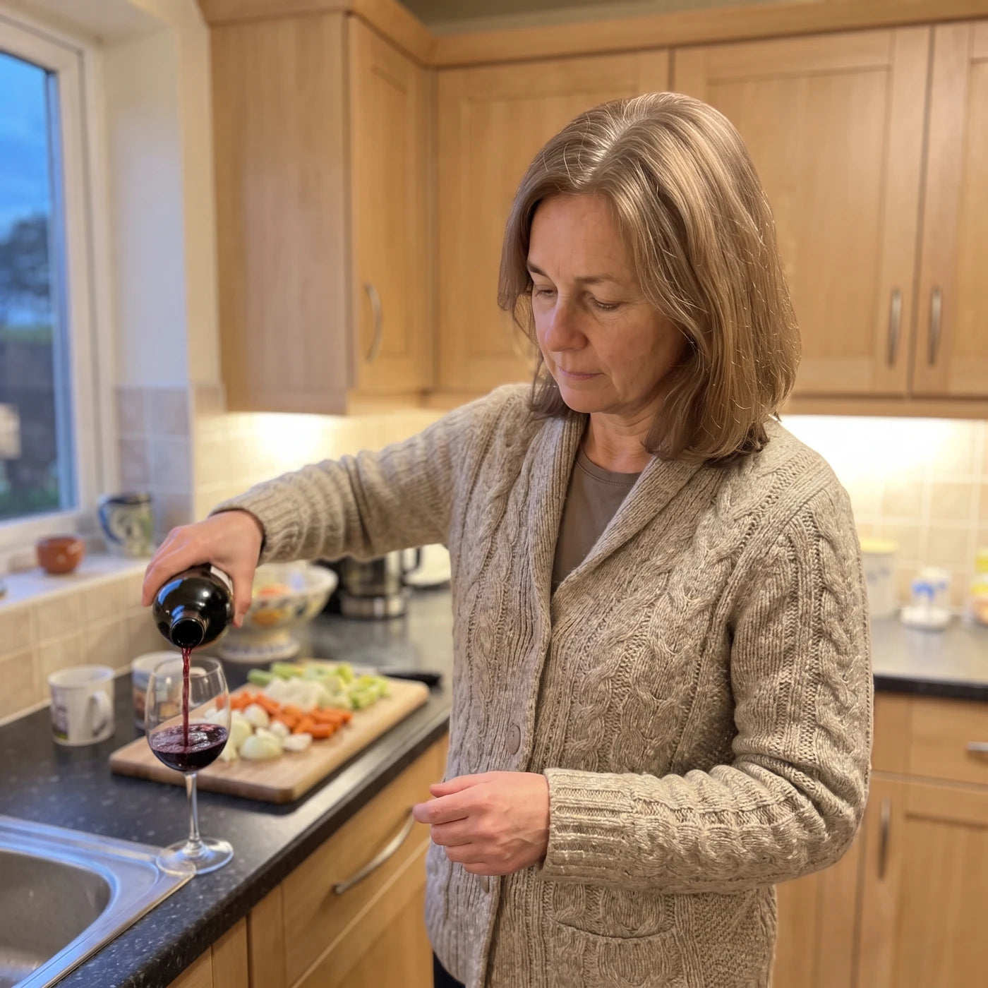 Woman pouring a glass of red wine at her kitchen counter as she starts making dinner