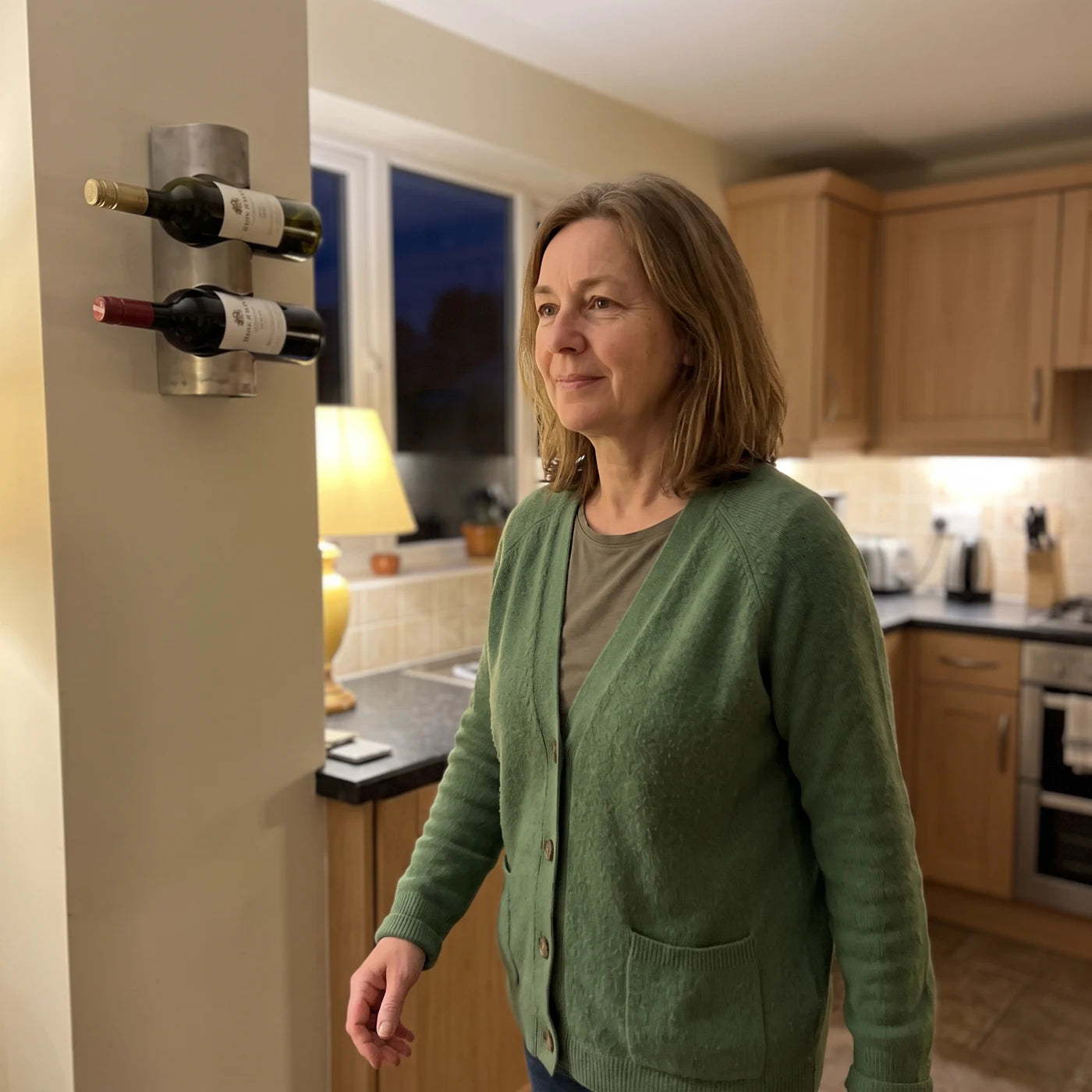 Woman walking through her kitchen in the evening, passing a wall-mounted wine rack without reaching for it