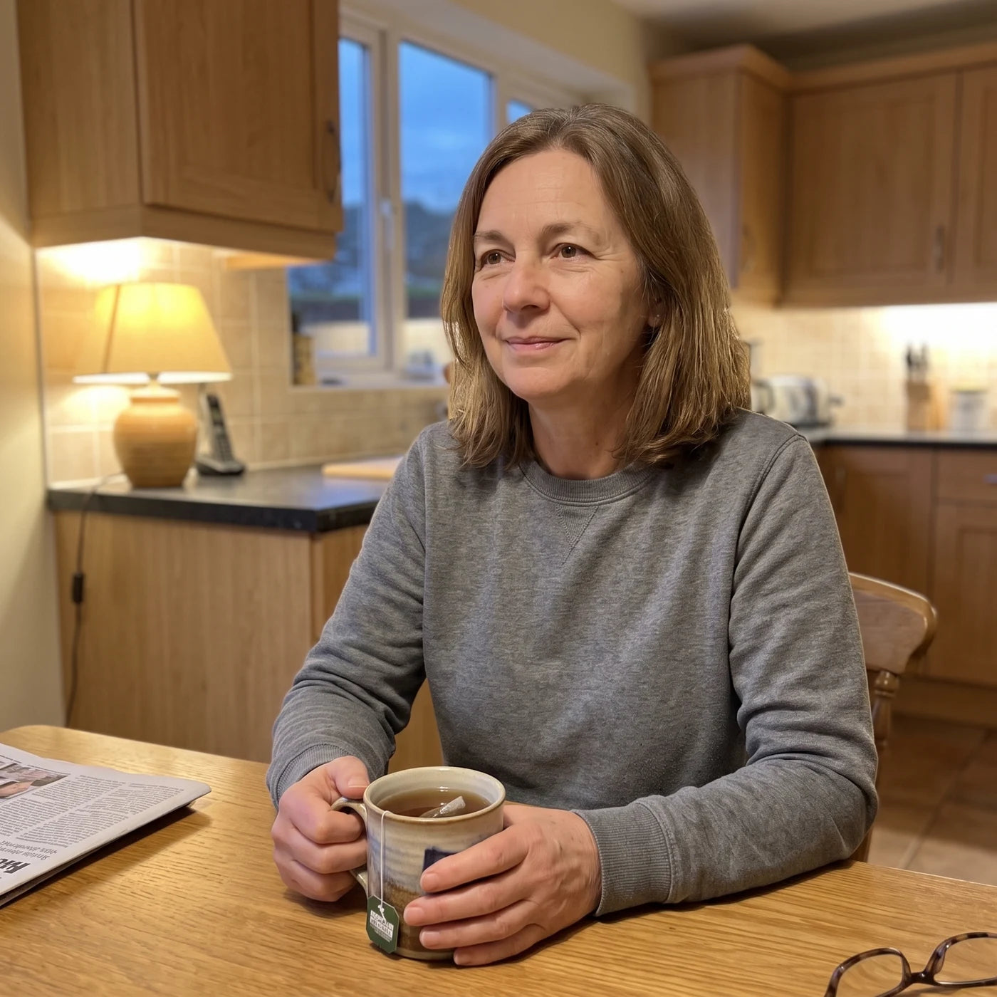 Woman sitting calmly at her kitchen table in the evening with a cup of tea instead of wine