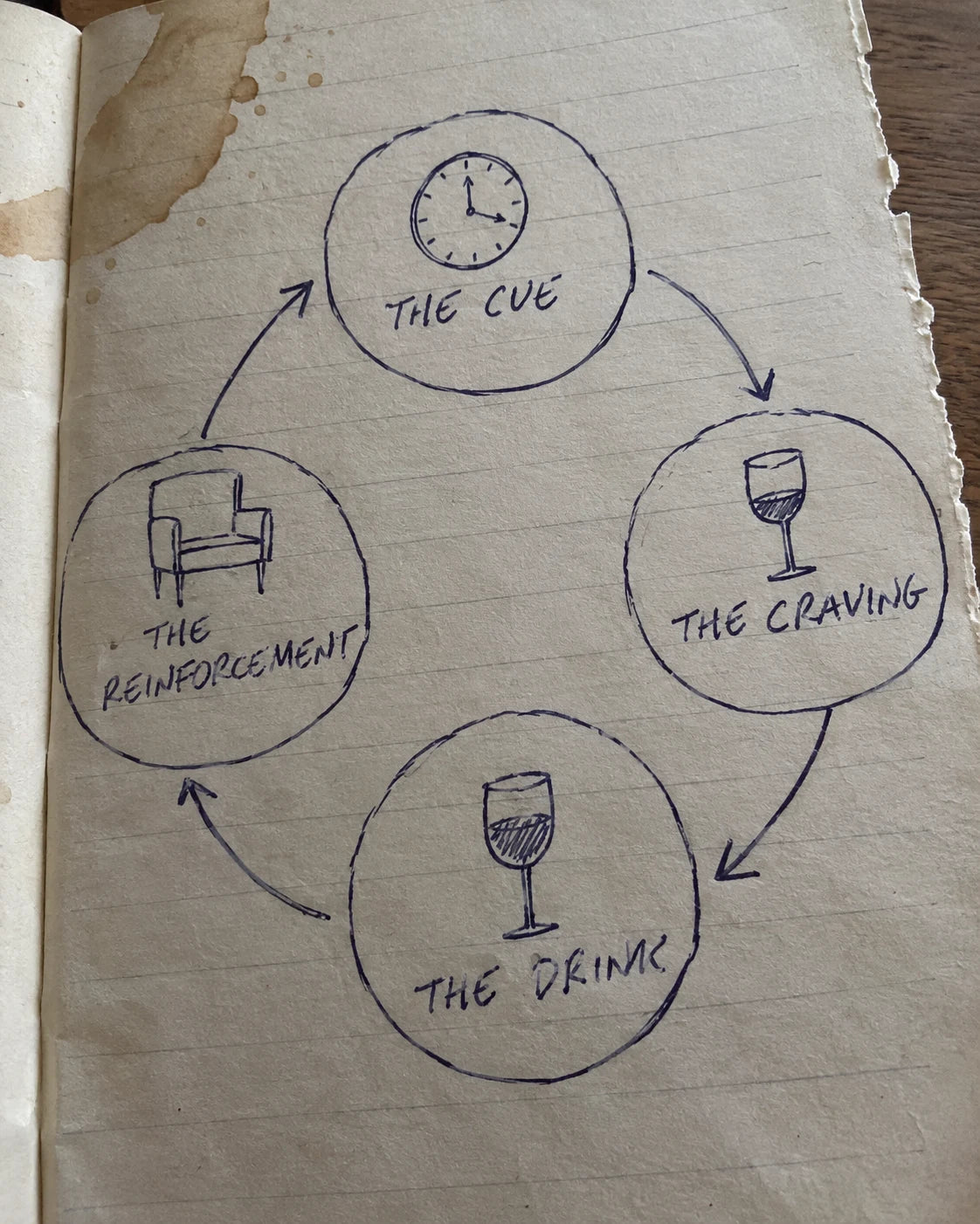 Hand-drawn diagram of the craving loop: cue, craving, drink, reinforcement