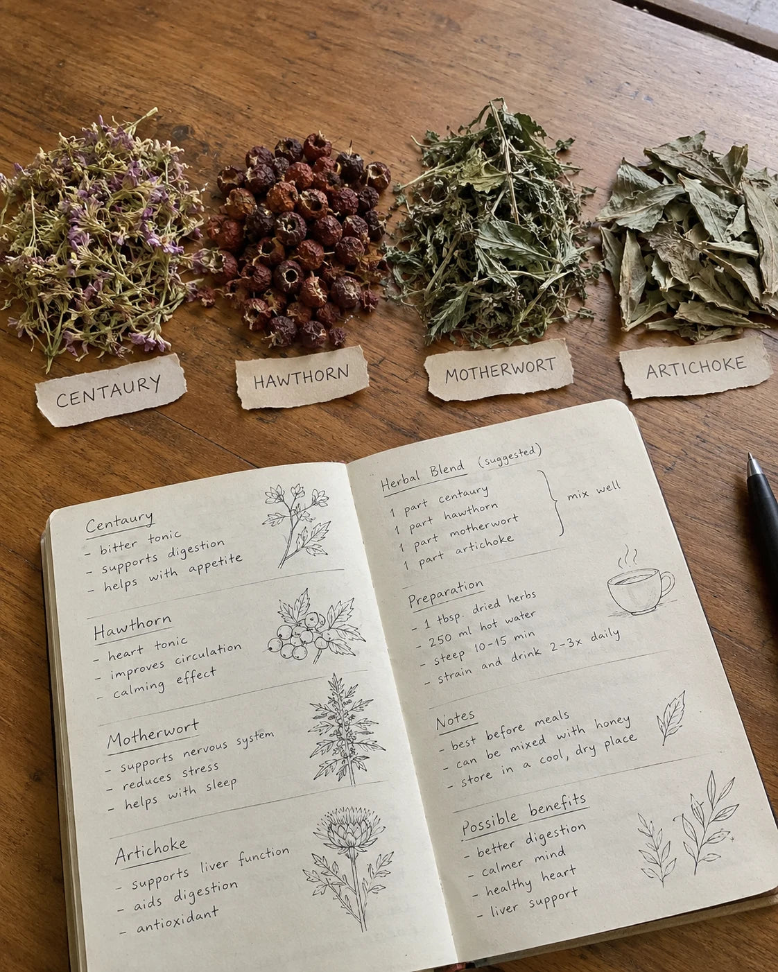 Centaury, Hawthorn, Motherwort, and Artichoke laid out and labeled