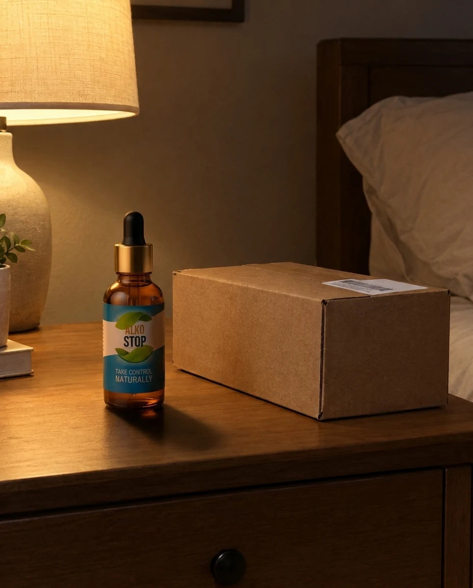 AlkoStop dropper bottle on a nightstand beside a plain unmarked shipping box