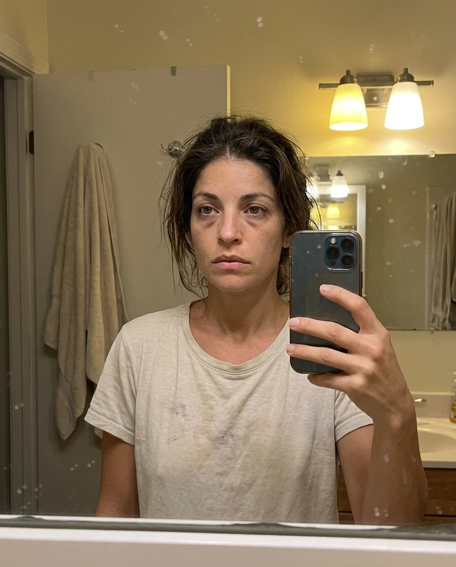 Tired morning mirror selfie, woman examining her own exhausted reflection in a plain bathroom