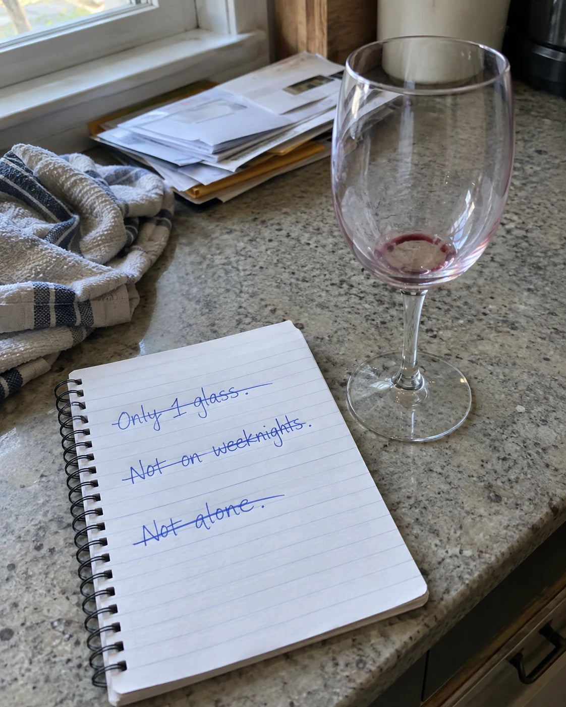 Handwritten notepad on a kitchen counter with rules crossed out, next to an empty wine glass