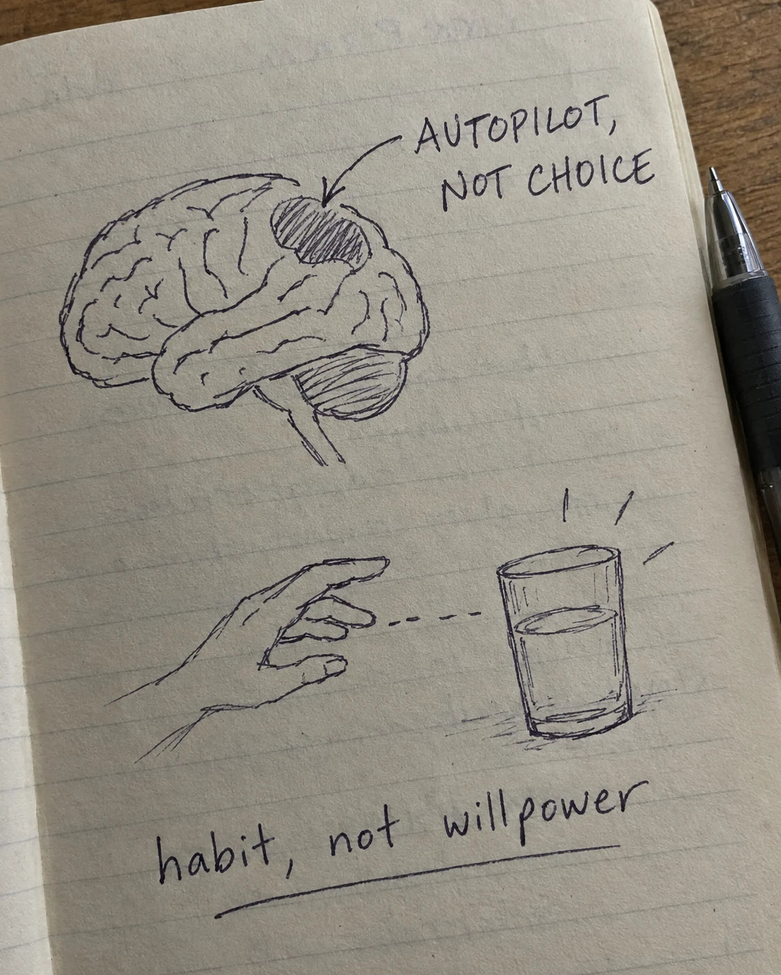 Hand-drawn journal page of a brain sketch labeled autopilot not choice, and a hand reaching for a glass without looking