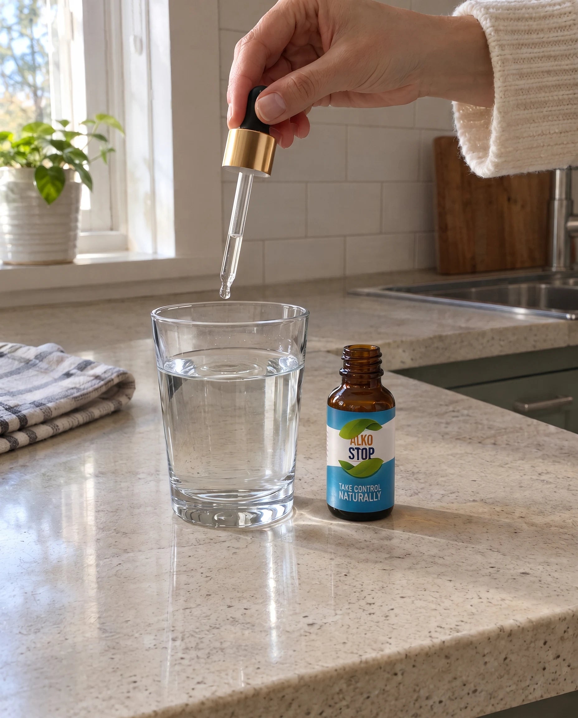 Hand holding an AlkoStop dropper, a drop falling into a glass of water, open bottle standing beside it on a kitchen counter