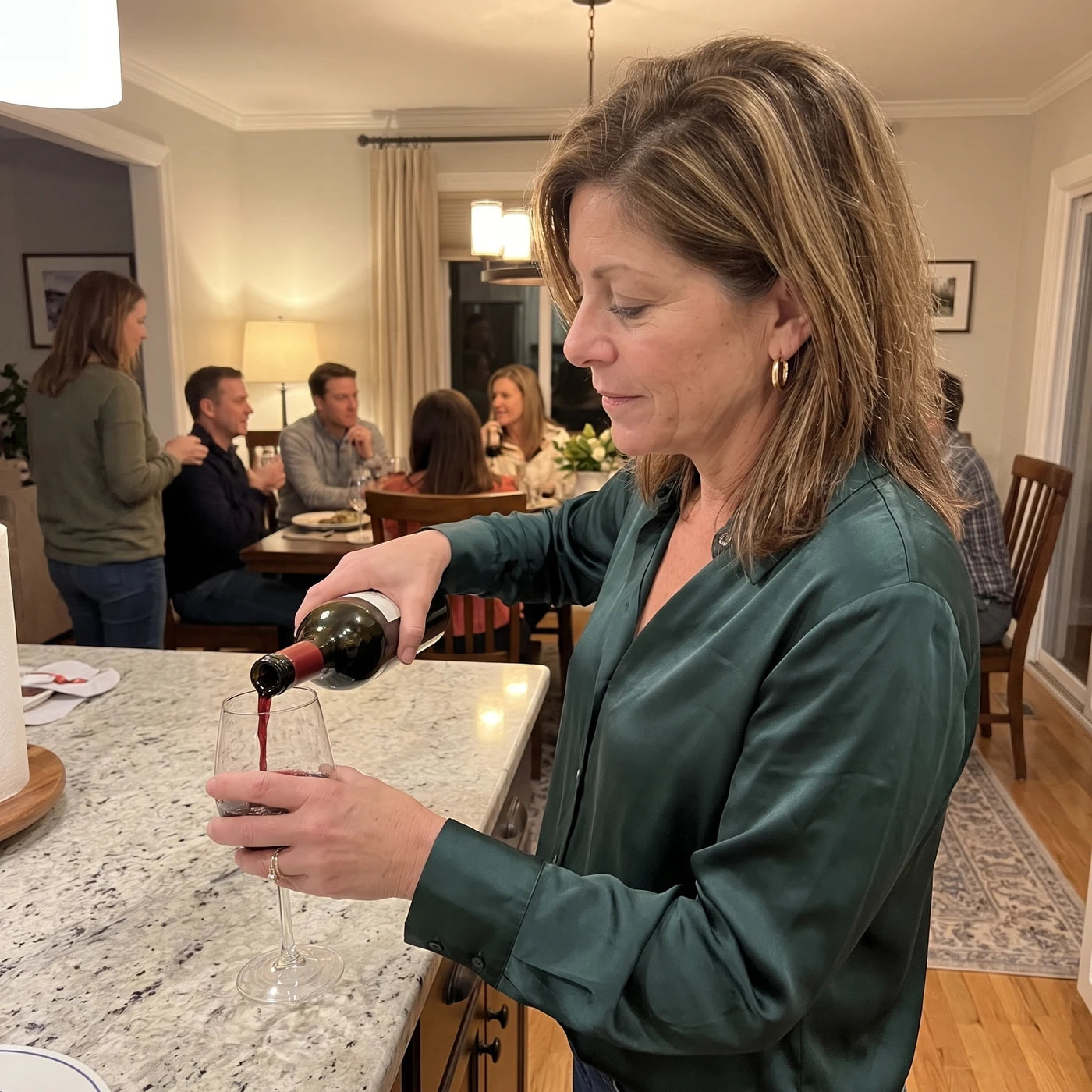 A woman topping up her own wine glass at a kitchen island, turned away from the dinner table