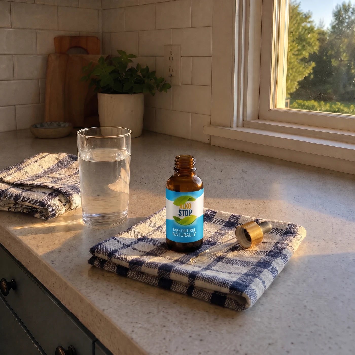 An AlkoStop bottle standing next to a full glass of water on a kitchen counter in warm evening light