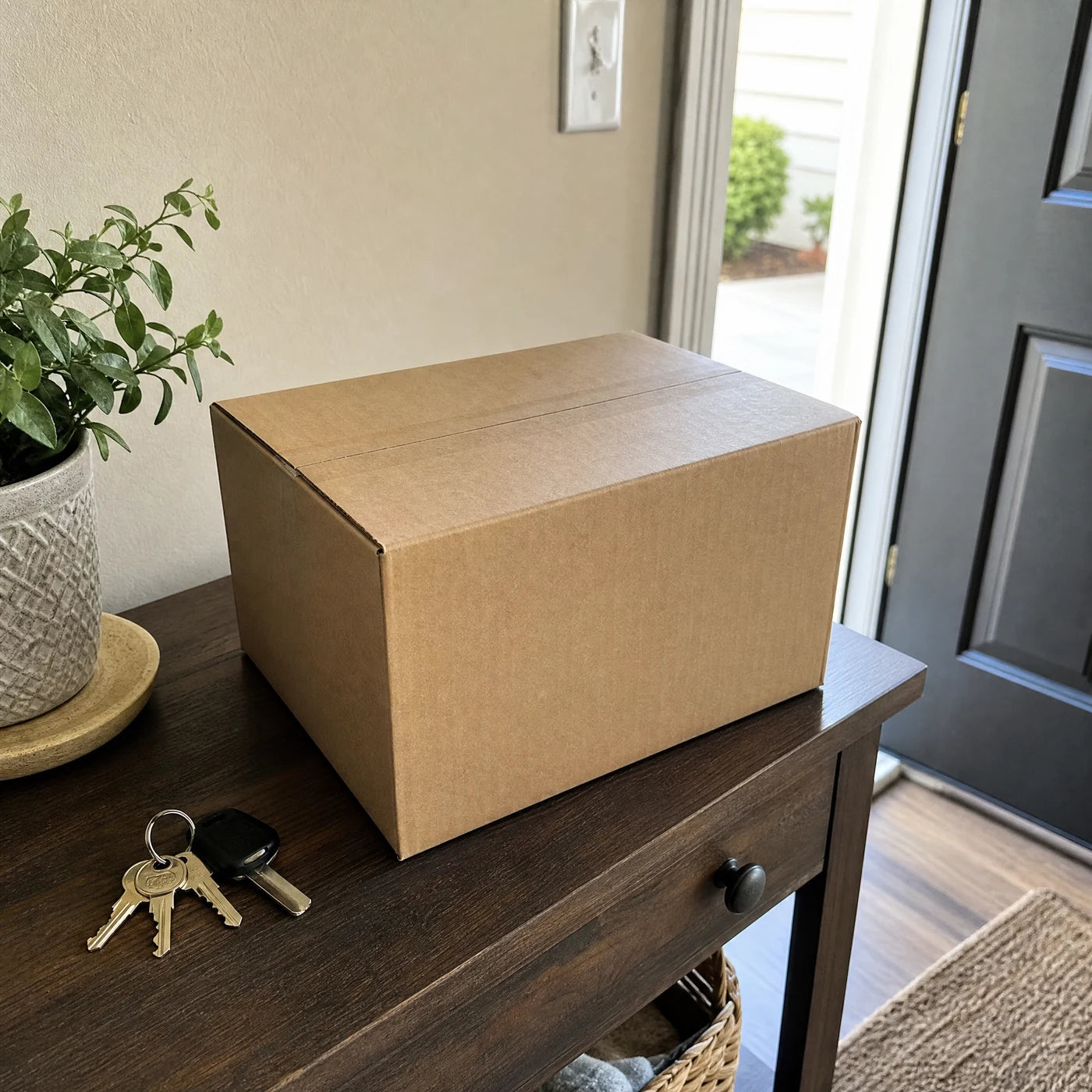 A plain, unmarked cardboard shipping box on an entryway table by the front door