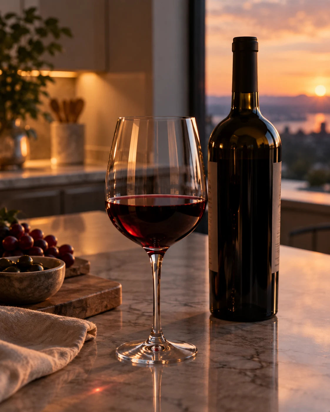 A glass of red wine and its bottle on a kitchen counter in the evening, a phone lying face-down beside it