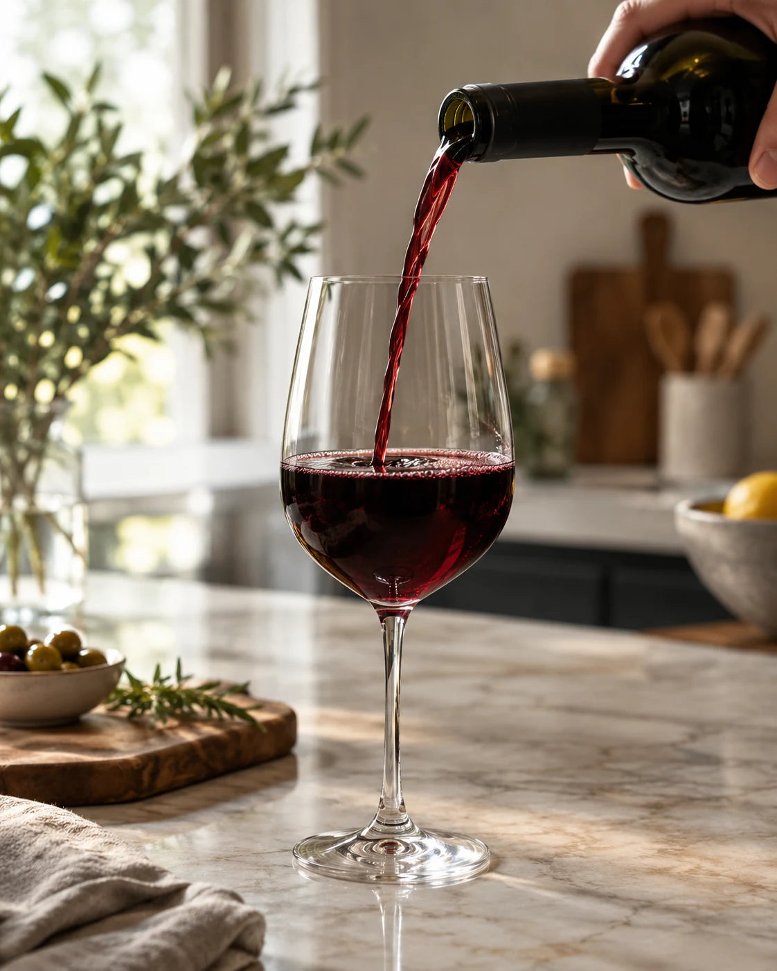 A hand pouring red wine into an already half-full wine glass on a kitchen counter in the evening