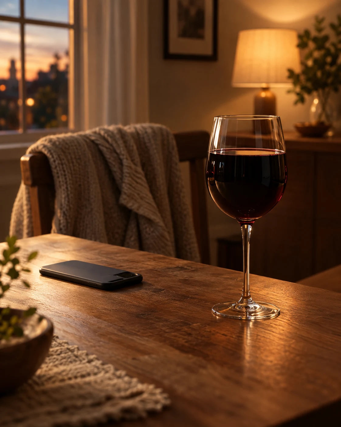 An untouched glass of red wine on a kitchen table in the evening, a phone lying face-down nearby, a cardigan draped over an empty chair
