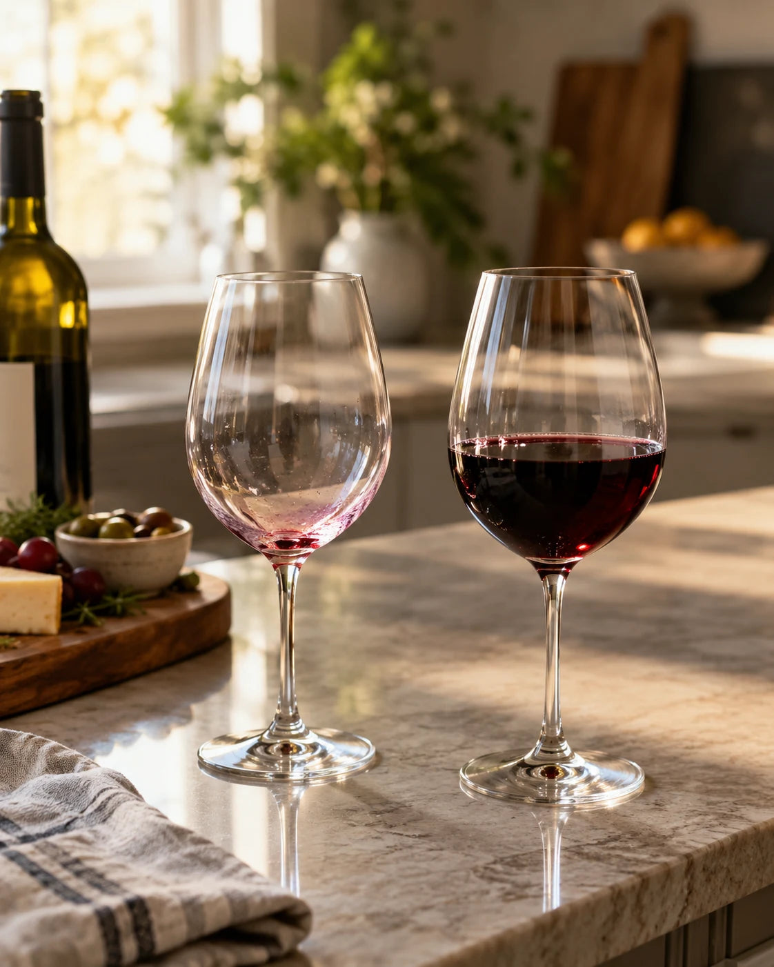 Two wine glasses on a kitchen counter, one with dried red residue from the night before, one freshly poured this evening, an empty wine bottle in the background