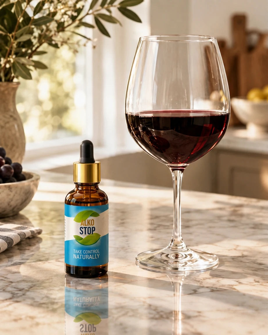 AlkoStop bottle on a kitchen counter next to a full glass of red wine in soft morning light