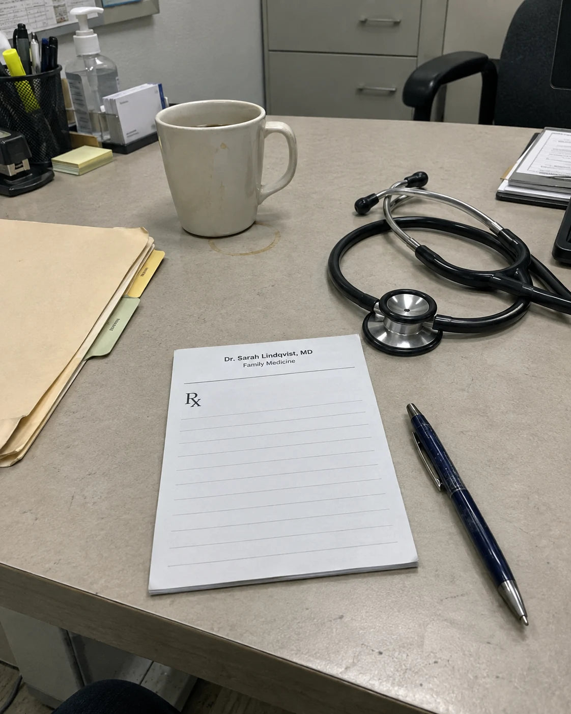A doctor's prescription pad with letterhead, stethoscope, and coffee mug on a lived-in clinic desk