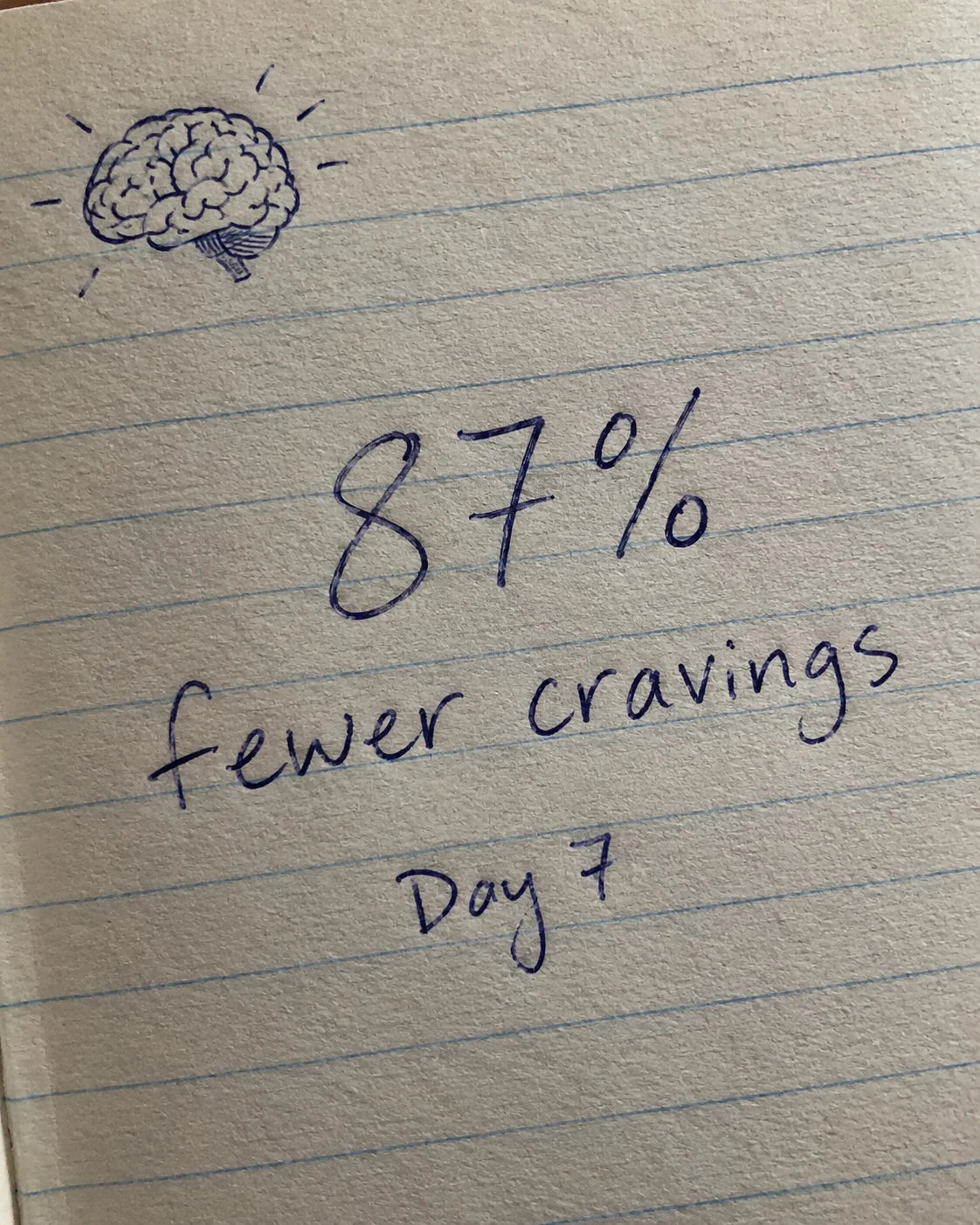 Handwritten journal page showing a brain sketch and 87 percent fewer cravings, day 7
