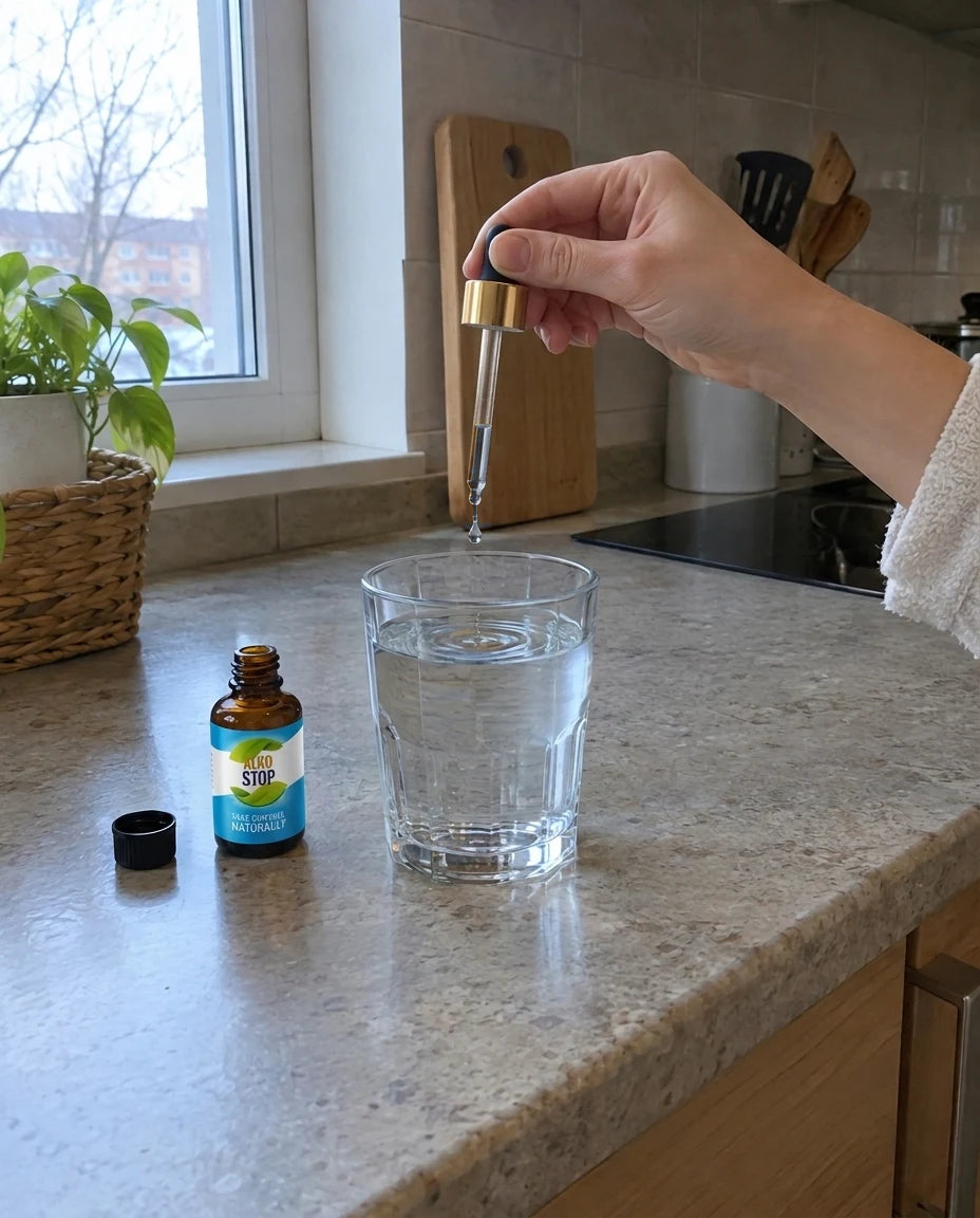 A hand with a gold-collared AlkoStop dropper releasing a drop into a glass of water on a morning kitchen counter