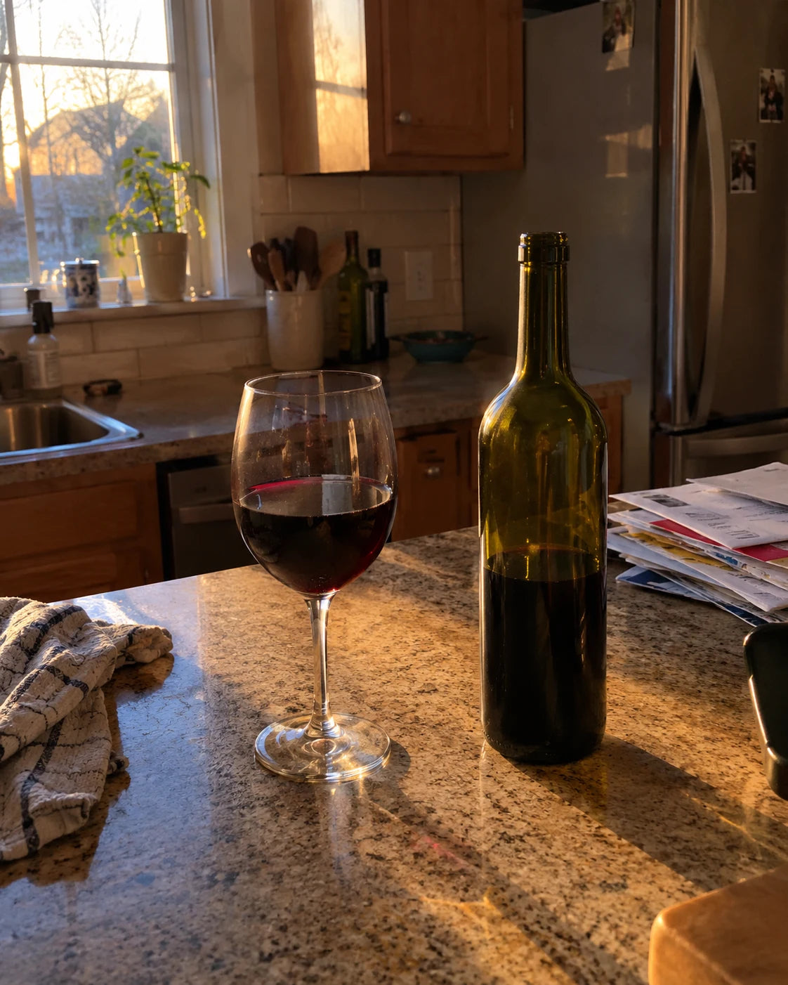 A glass of wine already poured next to an open bottle on a kitchen counter at early evening