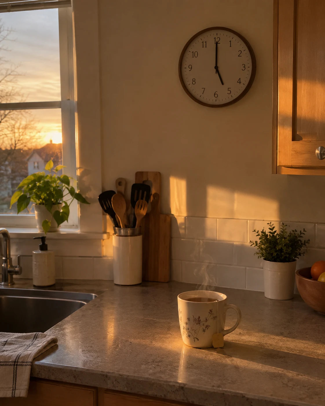 A kitchen clock reading five o'clock next to a cup of tea, no wine in sight