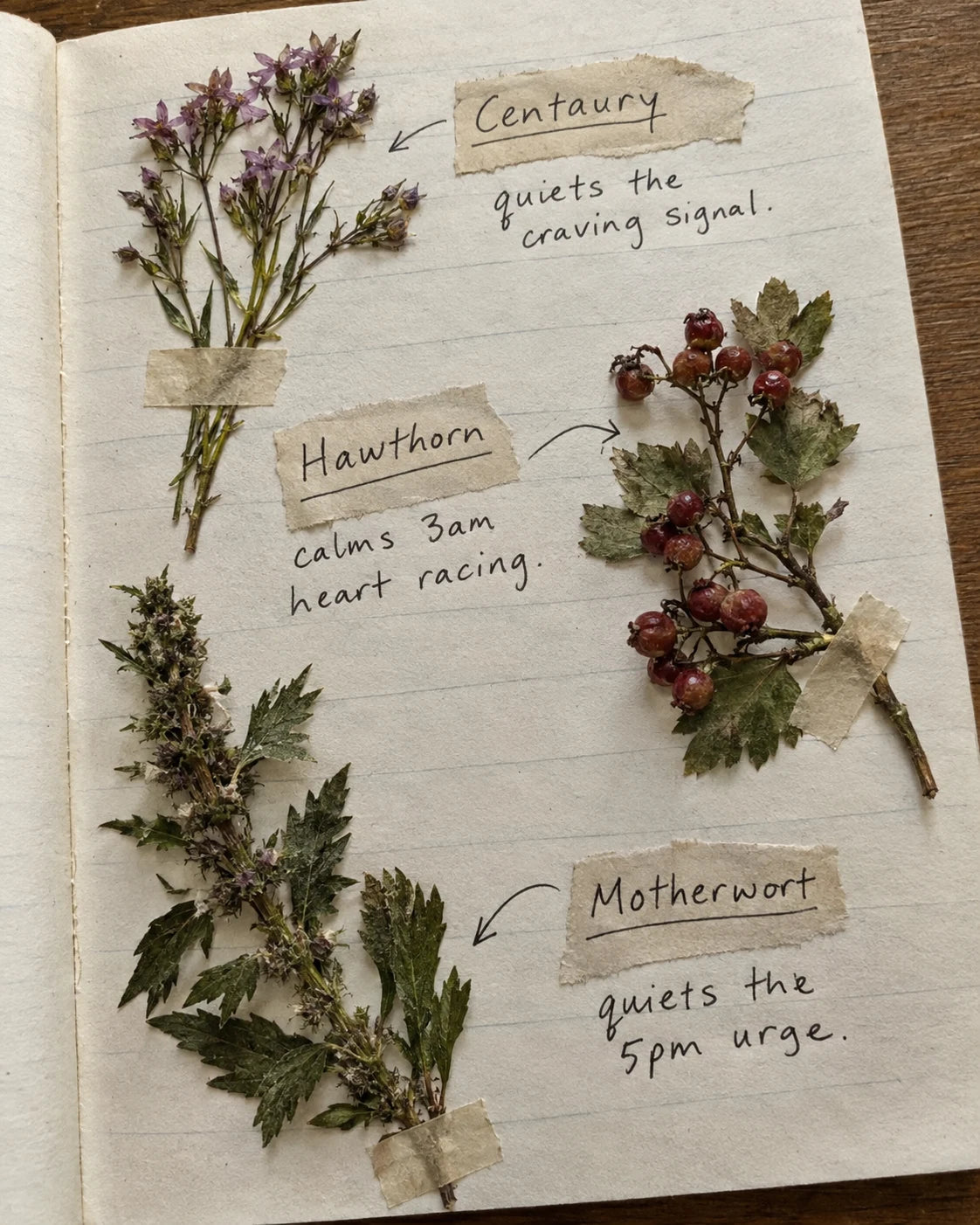 Handwritten journal page with centaury, hawthorn, and motherwort laid out and labeled