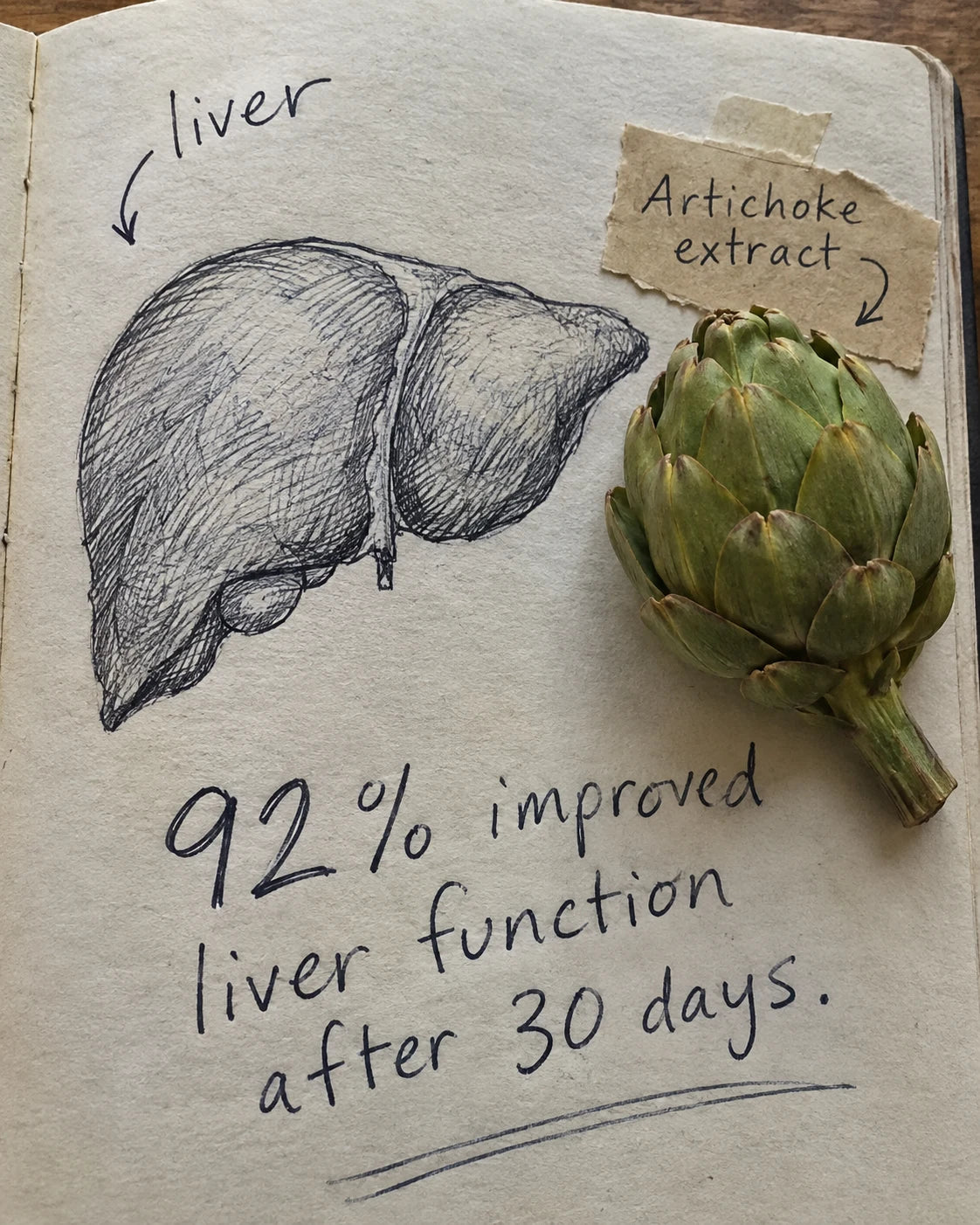 Handwritten journal page with a liver sketch, a real artichoke, and a 92 percent liver function stat