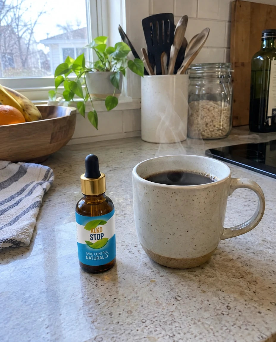 AlkoStop dropper bottle next to a cup of coffee on a kitchen counter