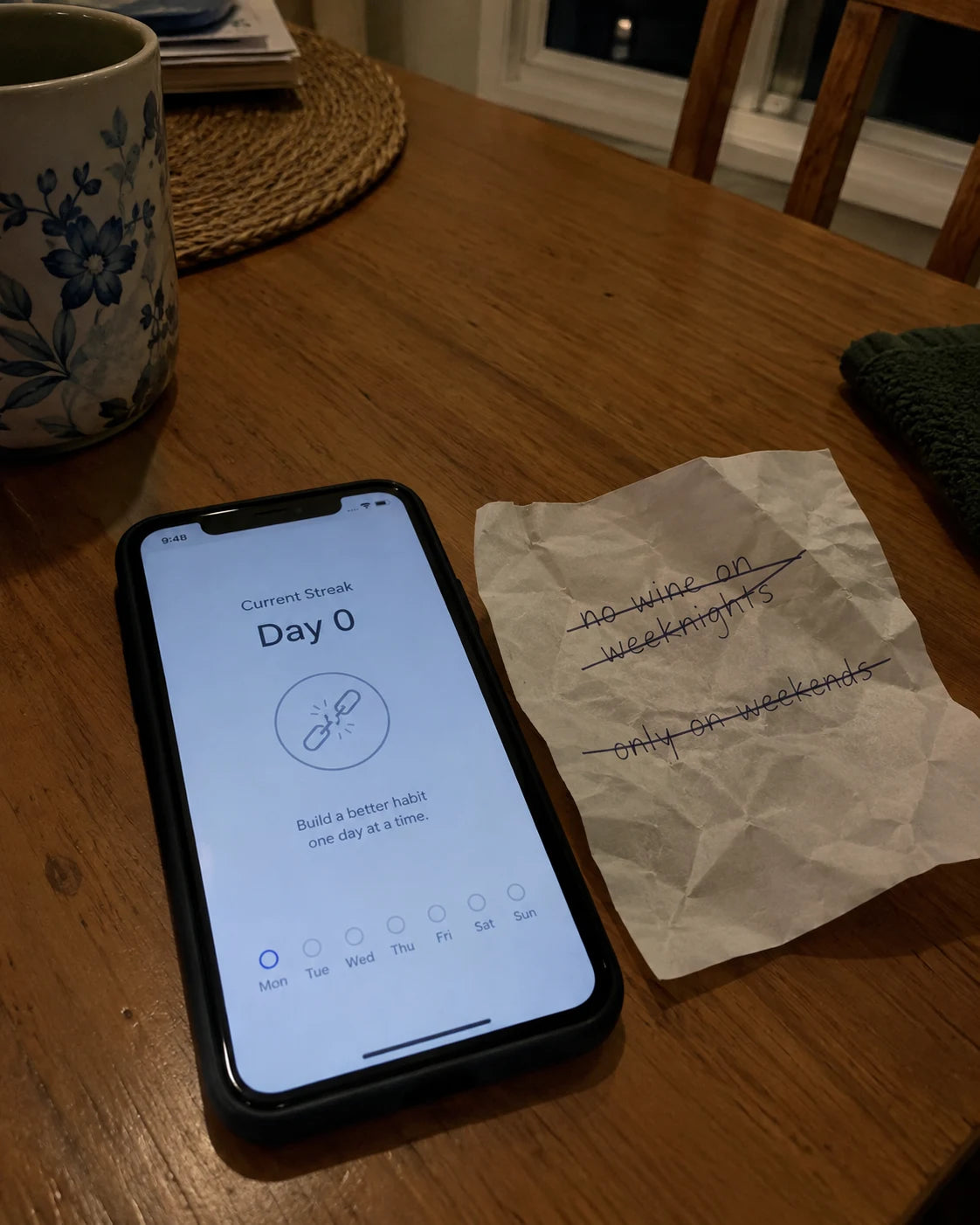 A phone showing a broken habit-tracker streak next to a crumpled paper with crossed-out rules