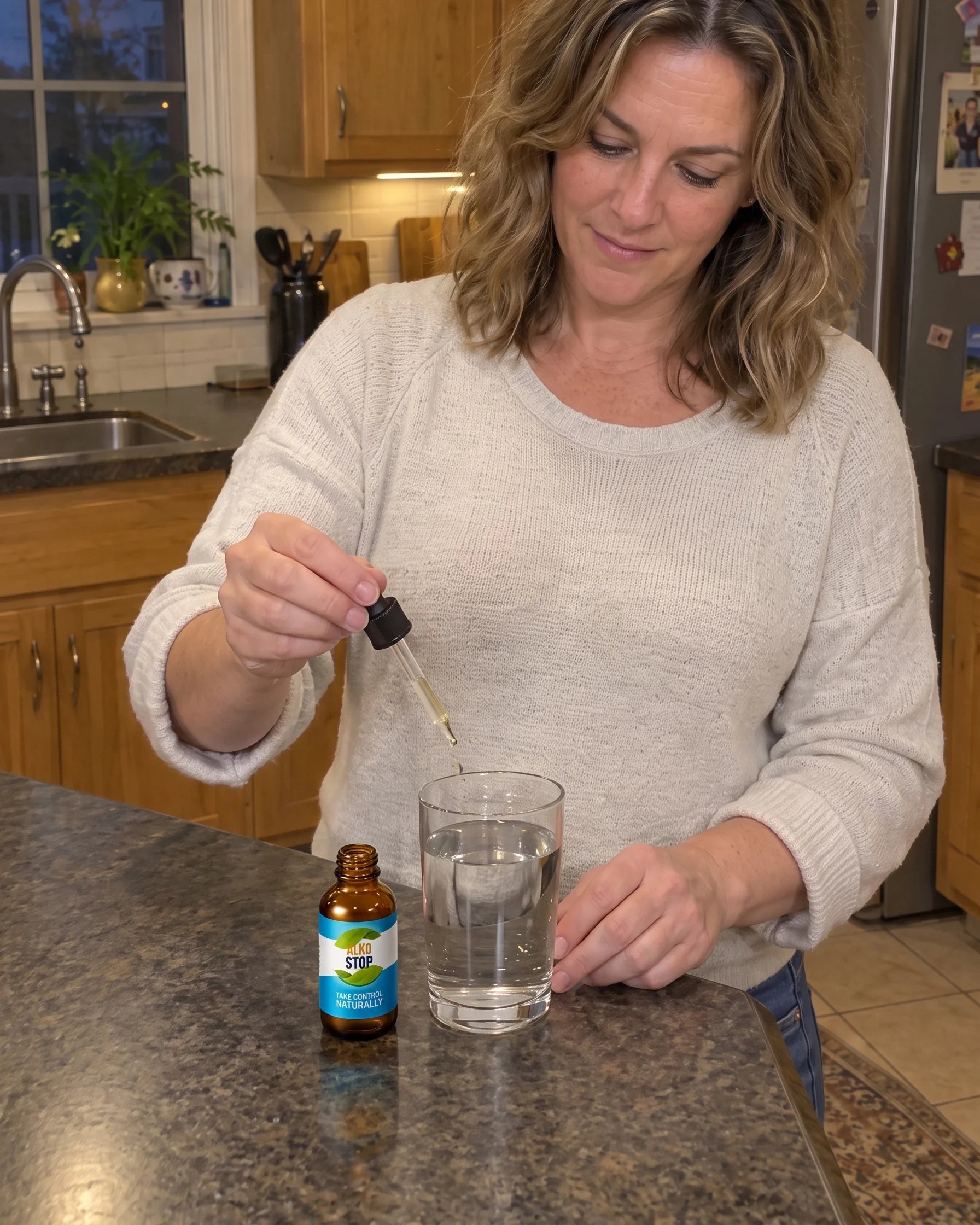 Woman adding a dropper of AlkoStop to a glass of water