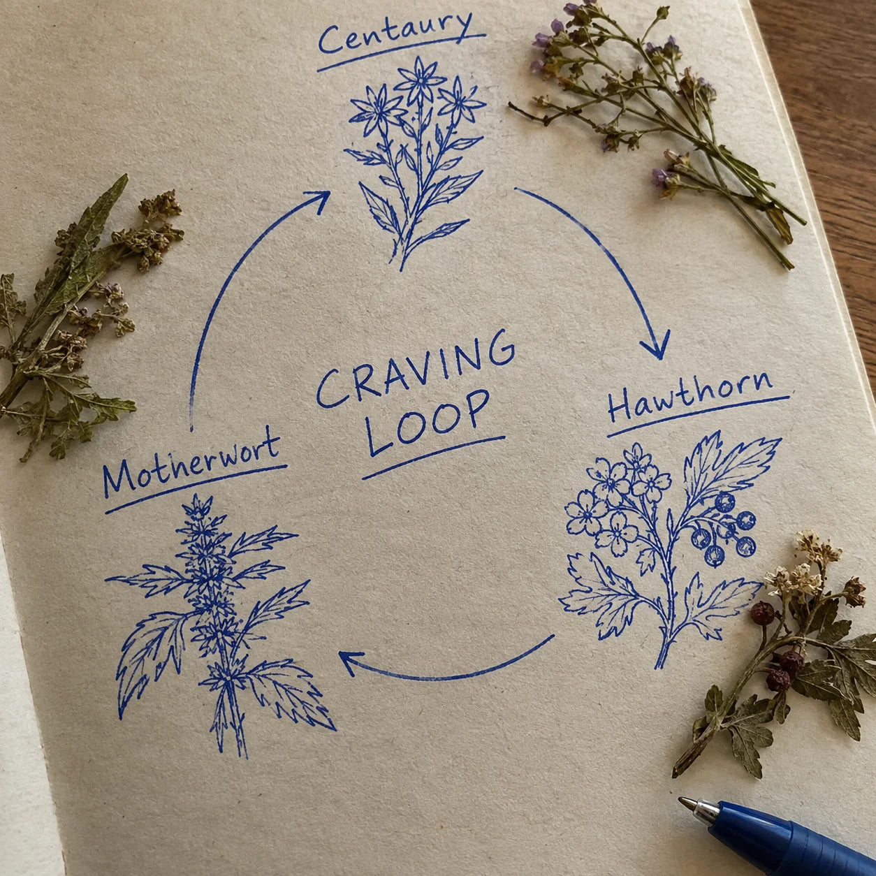 Handwritten journal page showing the craving loop diagram with Centaury, Hawthorn, and Motherwort