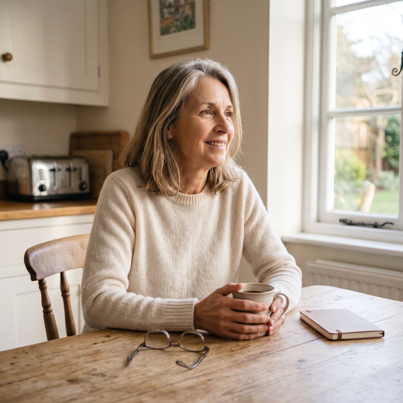 Woman relaxed at her kitchen table in the morning light, holding a cup of coffee