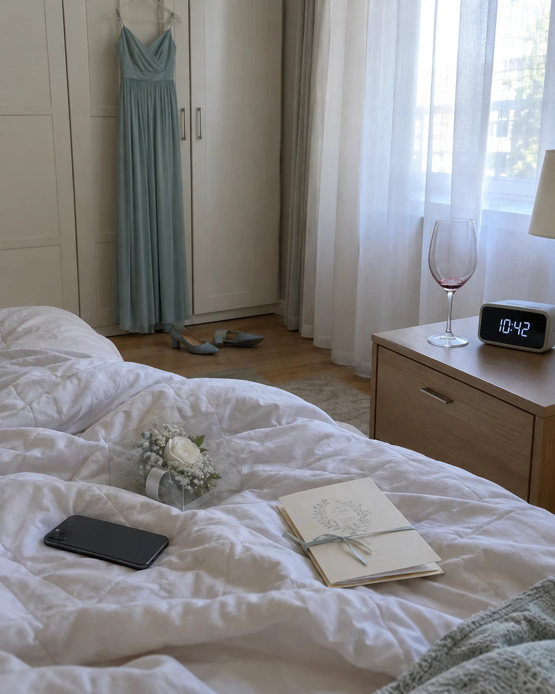 An empty wine glass with a dried red residue ring on the nightstand beside a clock reading 10:42, a phone face-down on the bed next to a wrist corsage and a ribbon-tied wedding ceremony programme, a bridesmaid dress hanging on the wardrobe