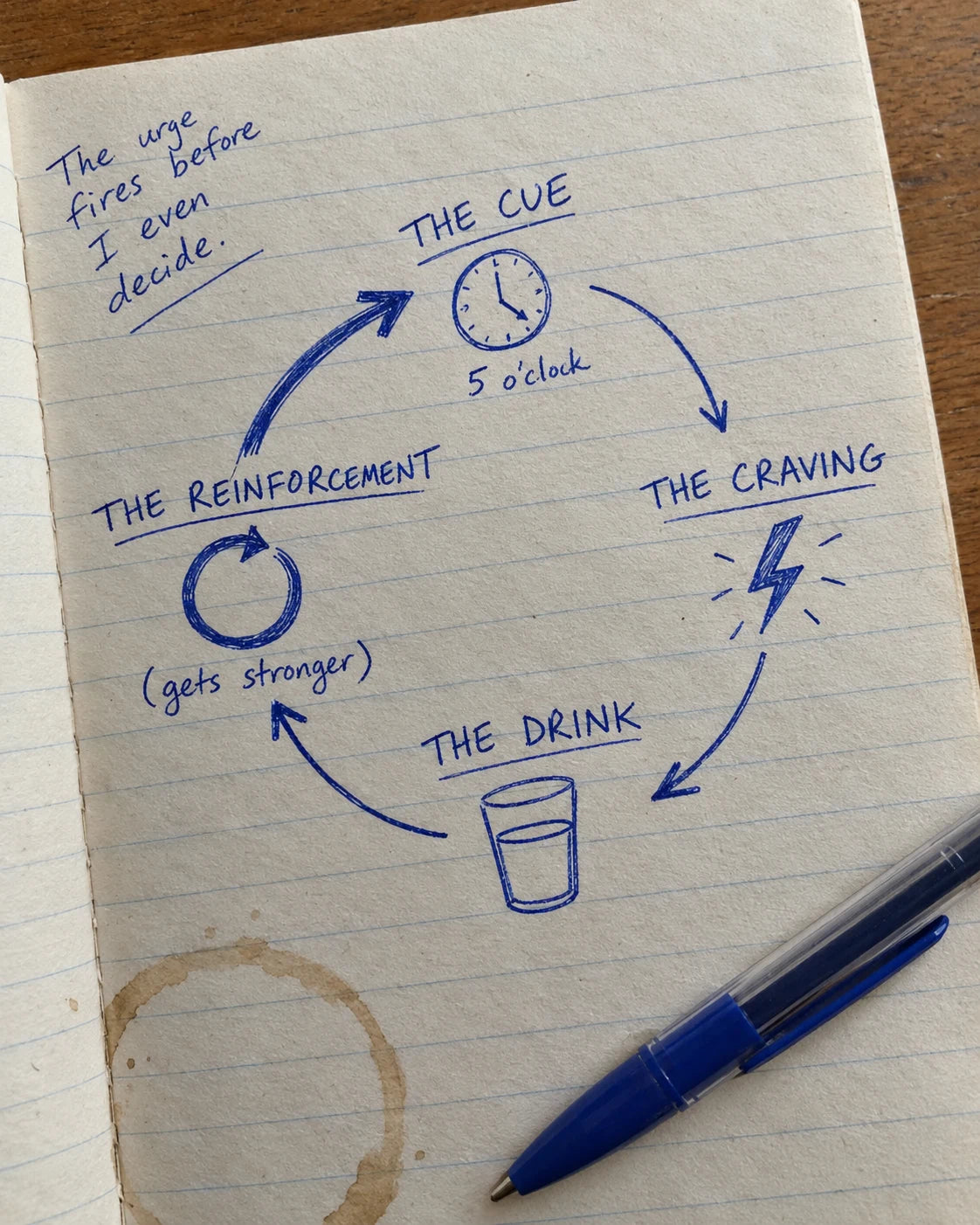 Handwritten journal page diagramming the craving loop: the cue, the craving, the drink, the reinforcement, in a circular diagram