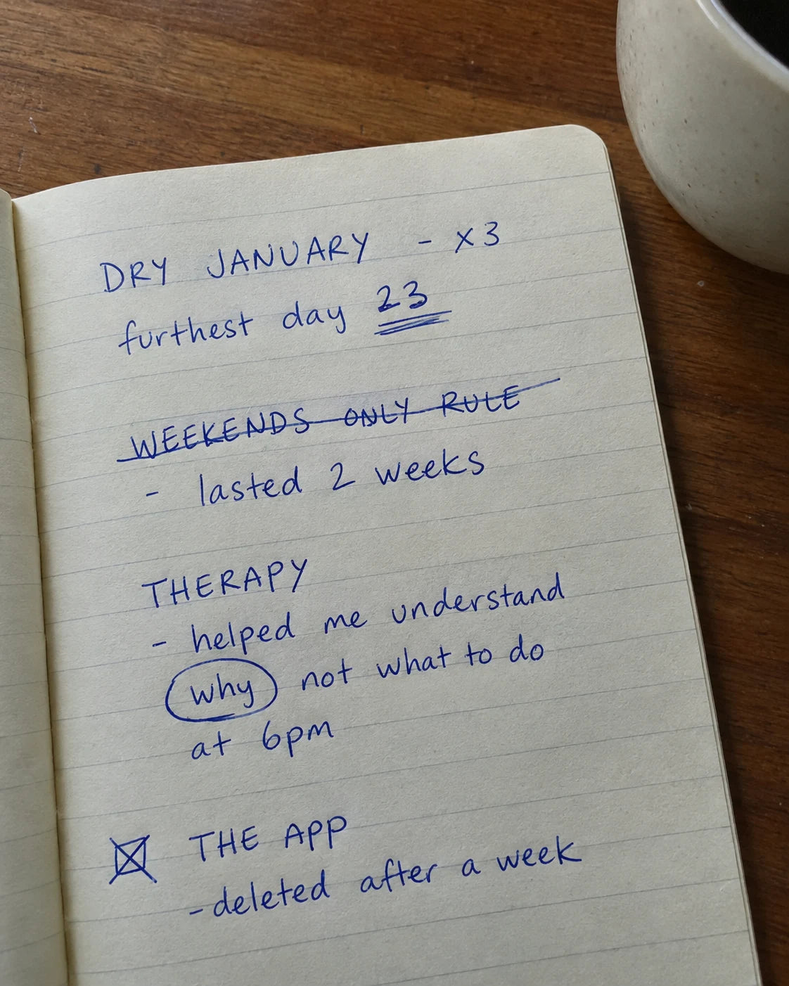 Handwritten journal page listing failed attempts: Dry January three times, a weekends-only rule crossed out, therapy, a deleted app