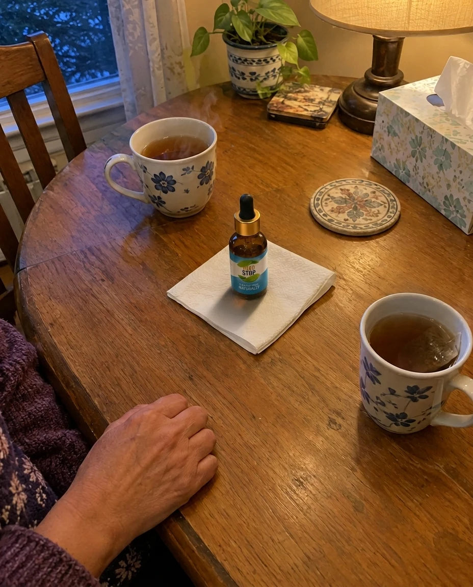 A small AlkoStop bottle set down on a napkin between two cups of tea on a wooden kitchen table at dusk, a hand resting nearby