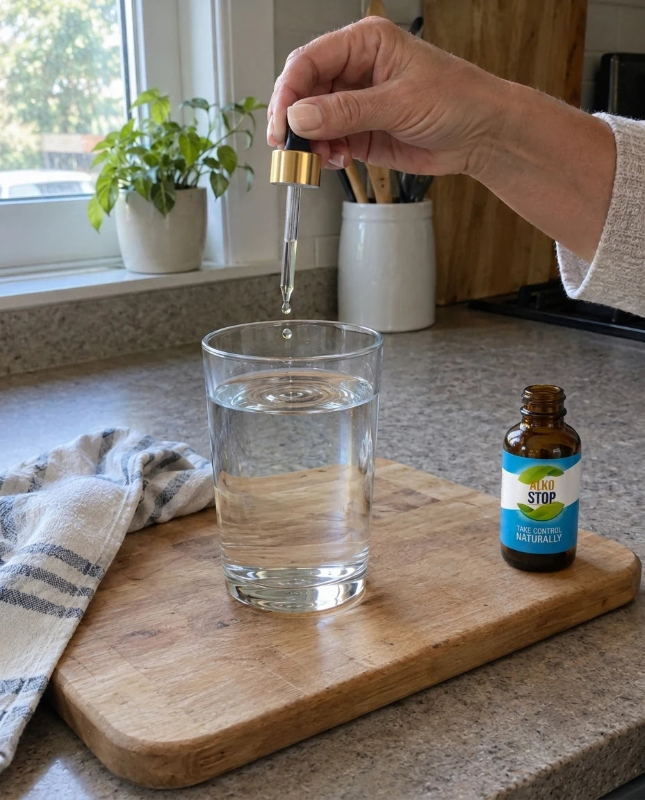 A hand using a dropper to add AlkoStop to a glass of water on a kitchen counter, the open bottle resting beside it