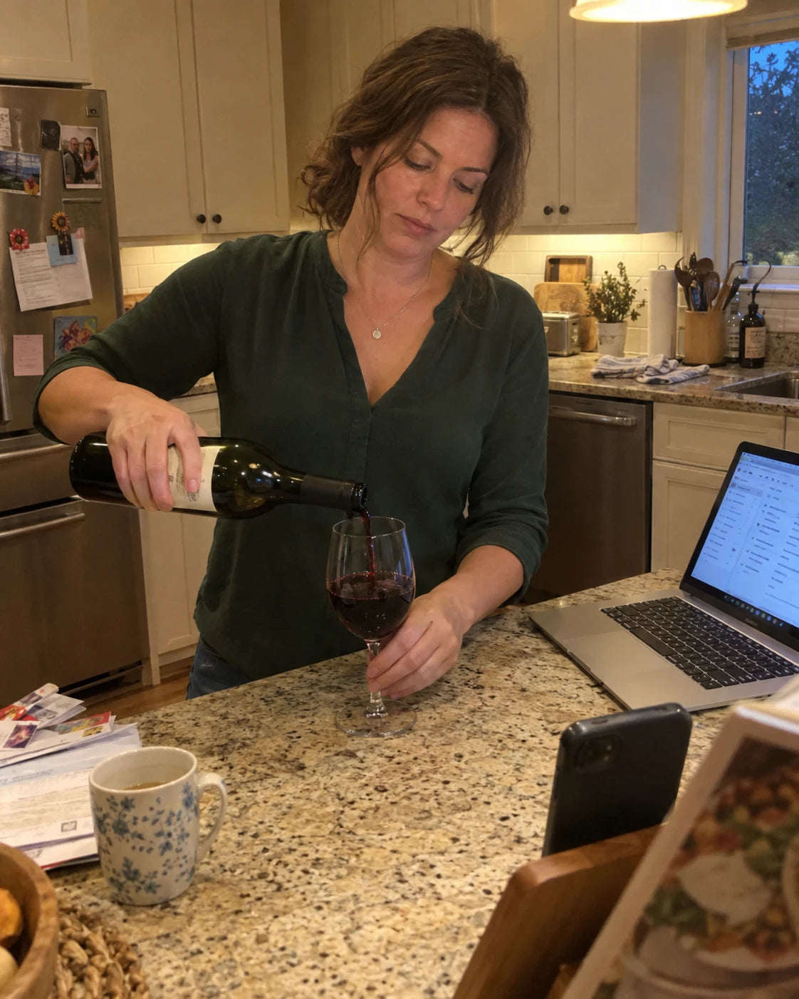 Woman pouring a glass of wine at the kitchen counter in the evening, laptop open nearby